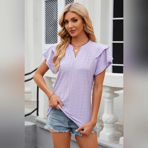 Eyelet Notched Short Sleeve T-Shirt Top - Picture 1 of 5